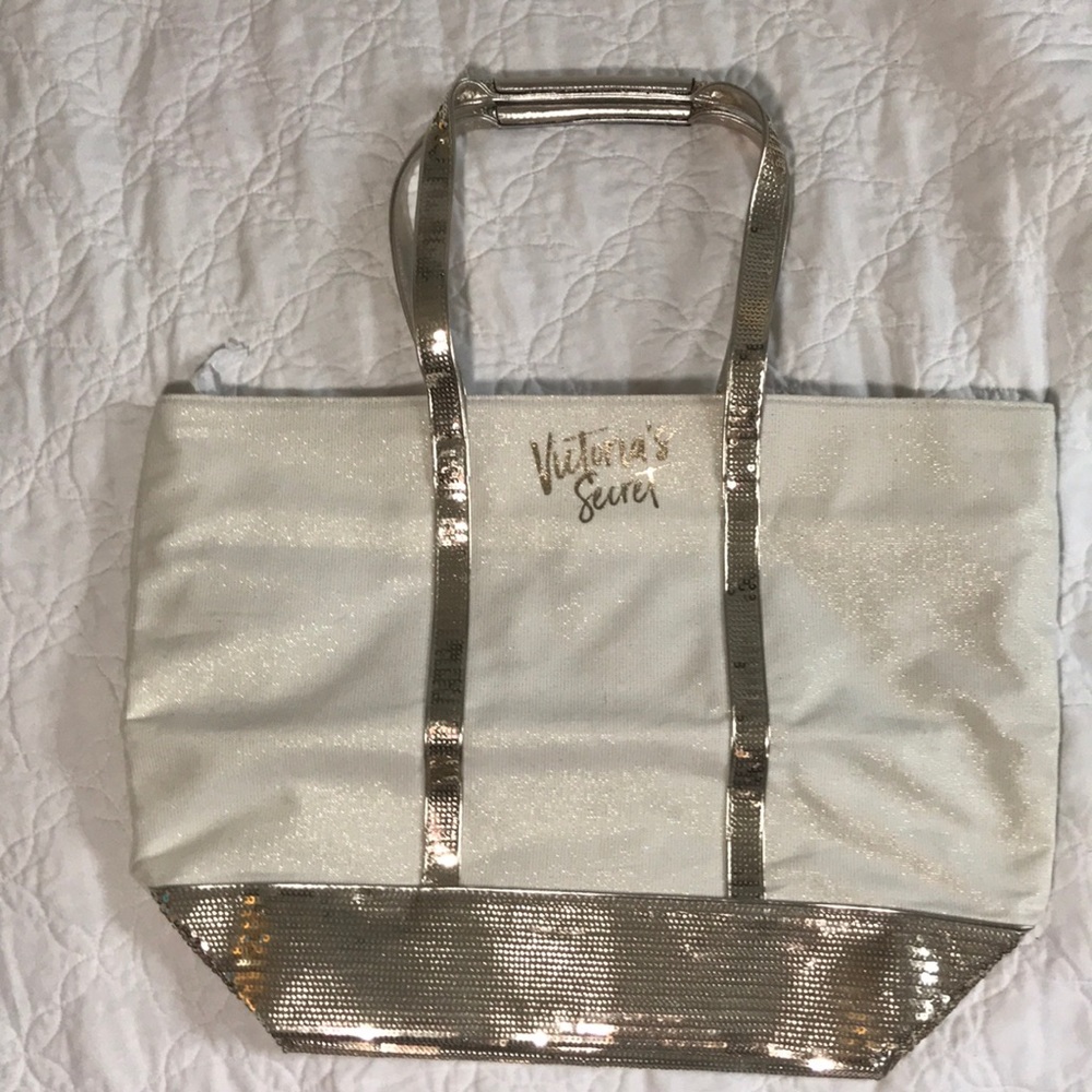 Victoria Secret White and gold sequined tote $30
